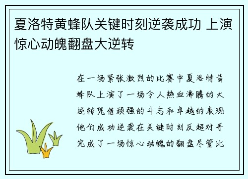 夏洛特黄蜂队关键时刻逆袭成功 上演惊心动魄翻盘大逆转