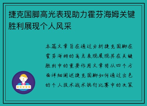 捷克国脚高光表现助力霍芬海姆关键胜利展现个人风采