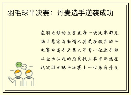 羽毛球半决赛：丹麦选手逆袭成功