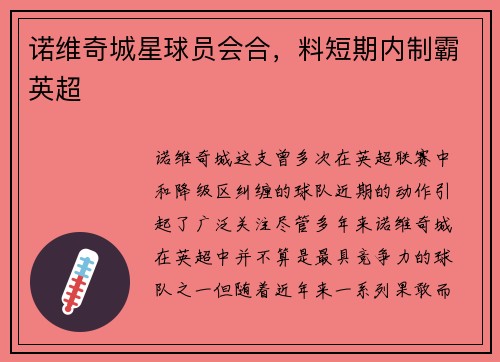 诺维奇城星球员会合，料短期内制霸英超