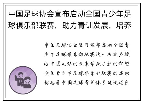 中国足球协会宣布启动全国青少年足球俱乐部联赛，助力青训发展，培养未来足球之星