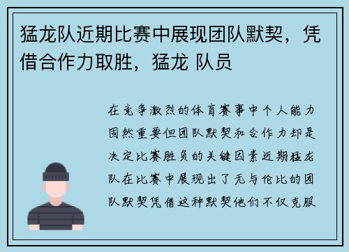 猛龙队近期比赛中展现团队默契，凭借合作力取胜，猛龙 队员