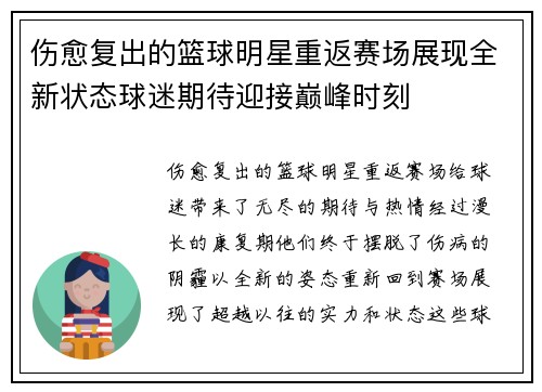 伤愈复出的篮球明星重返赛场展现全新状态球迷期待迎接巅峰时刻